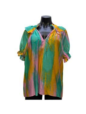 Caballero Blouse In Orange Turquoise & Pink With Ruffle Neckline S